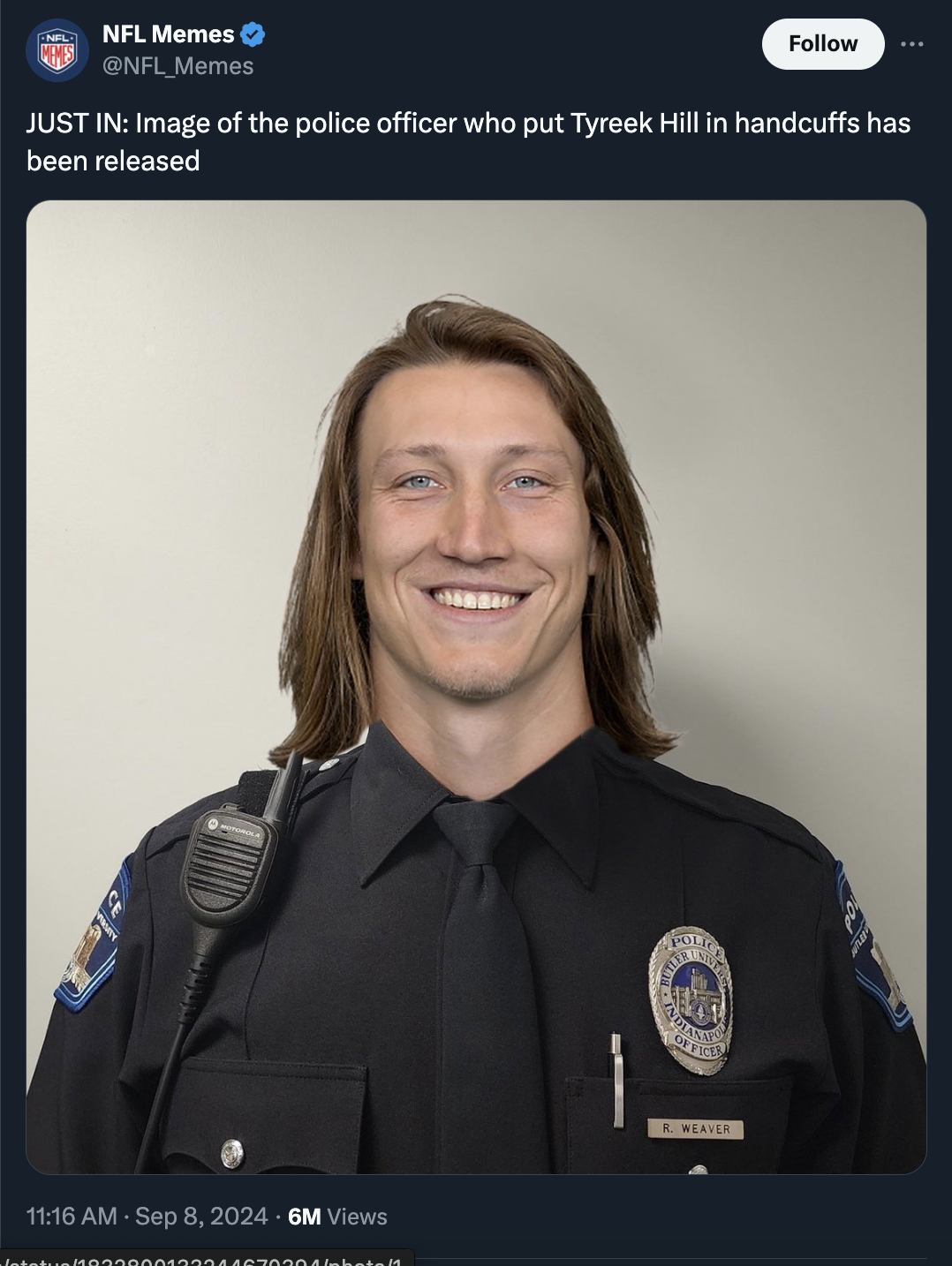 Police officer - Nfl Memes Nfl Memes Just In Image of the police officer who put Tyreek Hill in handcuffs has been released 6M Views